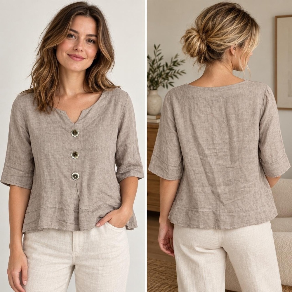 Made in Italy 100% Linen Blouse Taupe 3/4 Sleeve Women's XL Cottagecore Peasant